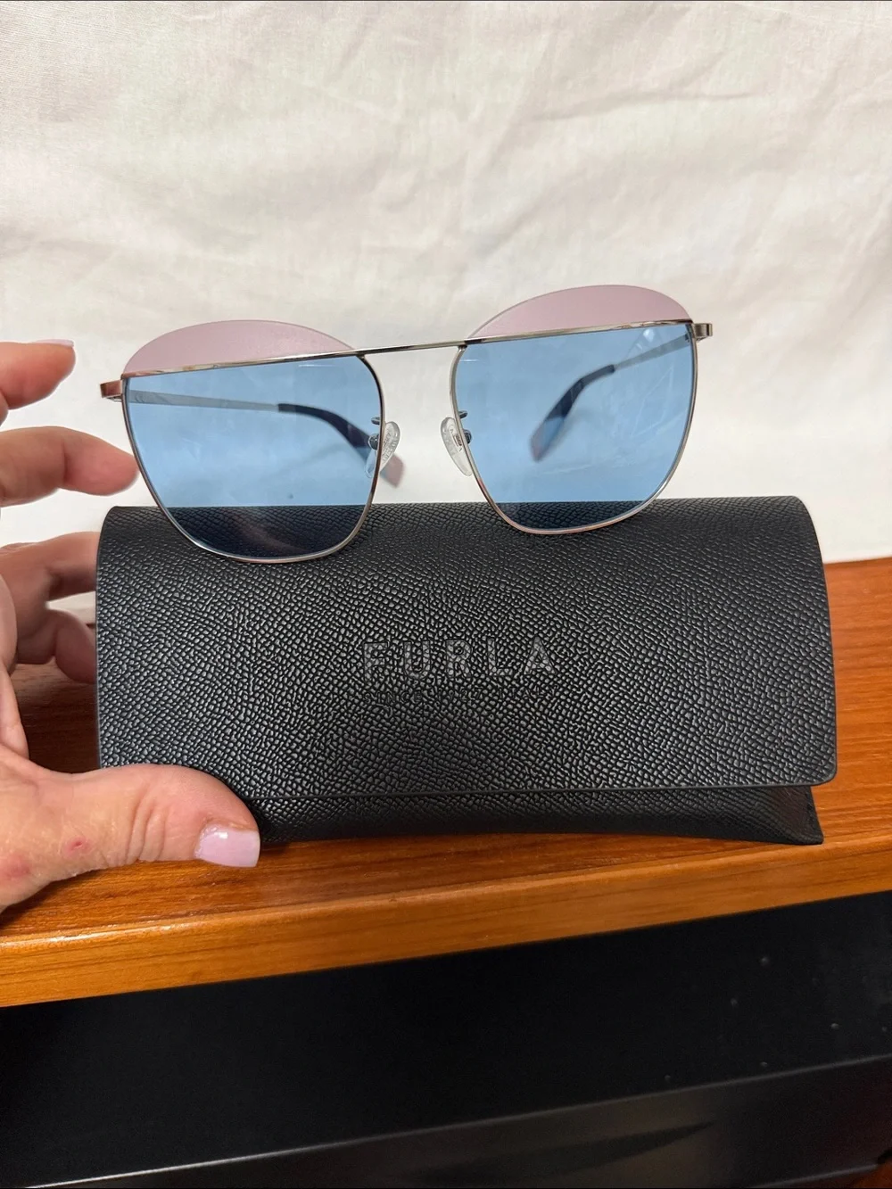 Furla Silver Frame Sunglasses with Blue Lenses